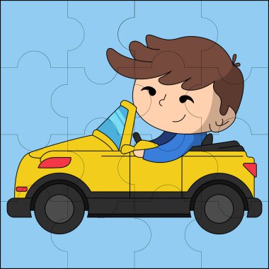Çocuk yapboz çizimi için uygun bir araba kullanan tatlı çocuk.