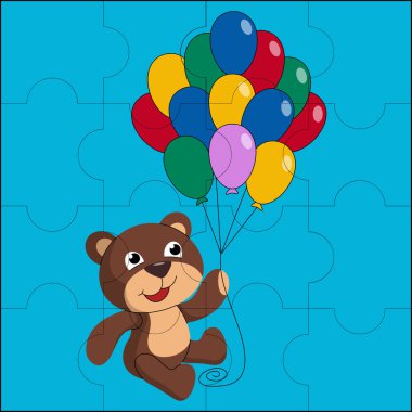 Çocukların bulmaca çizimi için uygun renkli balonlar tutan sevimli ayı.