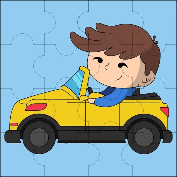Çocuk yapboz çizimi için uygun bir araba kullanan tatlı çocuk.