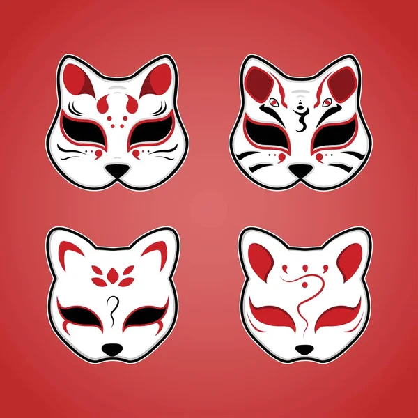 Japonés Kitsune Máscara Conjunto Vector Ilustración — Vector de stock