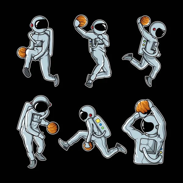 Astronauta Jogando Planeta Bola Conjunto Vetor Ilustração — Vetor de Stock
