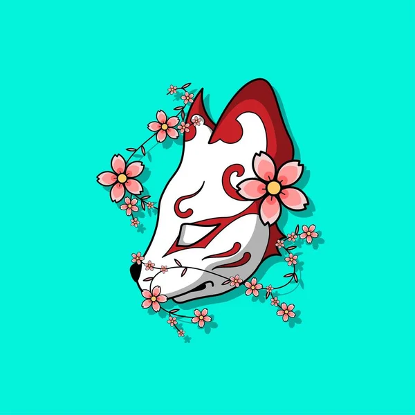 Japanese Kitsune Mask Sakura Flower Vector Illustration Eps — 스톡 벡터