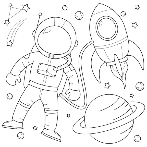 Astronaut Rocket Space Suitable Children Coloring Page Vector Illustration — Stock Vector