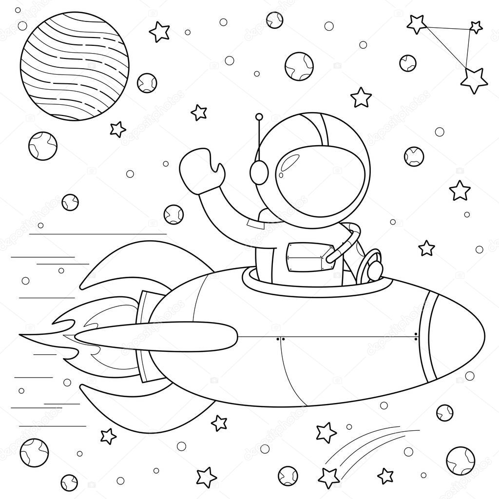 Astronaut riding a rocket in space suitable for children's coloring page vector illustration