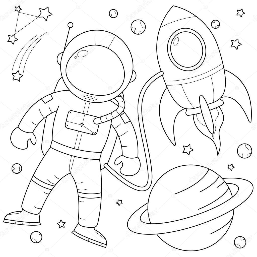 Astronaut with rocket in space suitable for children's coloring page vector illustration