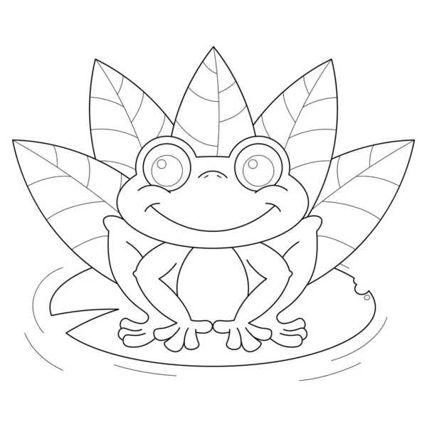 Frog Sitting Lotus Leaf Suitable Children Coloring Page Vector Illustration — 图库矢量图片