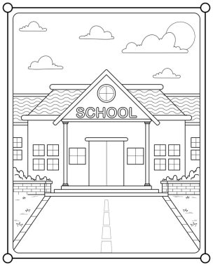 School building with garden suitable for children's coloring page vector illustration