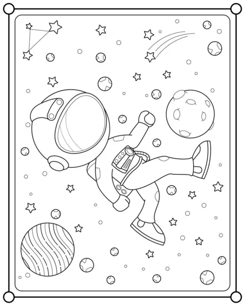 Netter Astronaut Spielt Mondball All Für Kinder Malvorlagen Vektor Illustration — Stockvektor