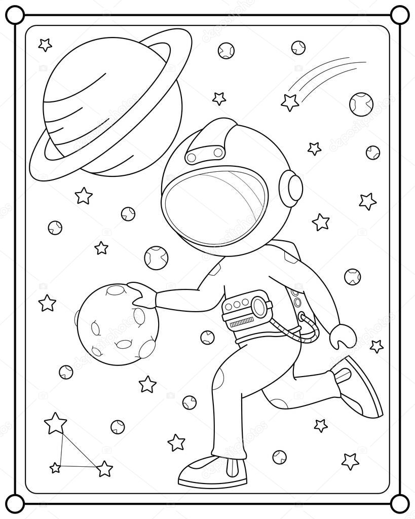 Cute astronaut playing moon ball in space suitable for children's coloring page vector illustration