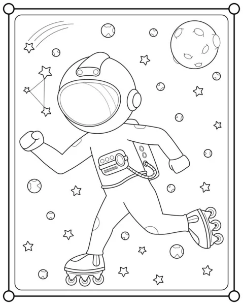 Lindo Astronauta Jugando Patines Espacio Adecuado Para Colorear Ilustración Vectores — Vector de stock