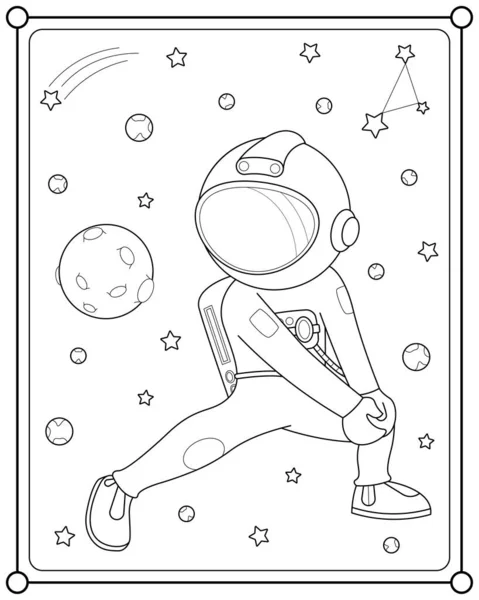 Netter Astronaut Spielt Mondball All Für Kinder Malvorlagen Vektor Illustration — Stockvektor