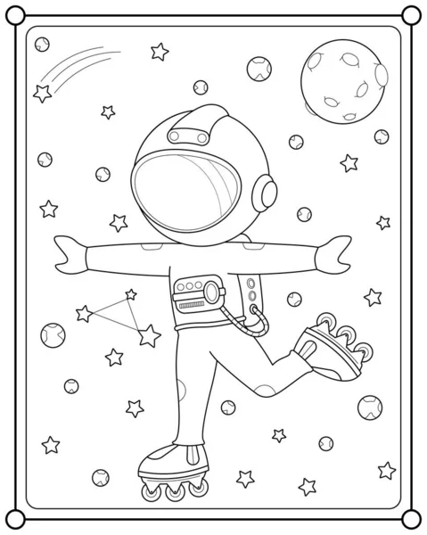 可爱的宇航员在适合儿童着色页插图的空间玩滚轮刀片 — 图库矢量图片
