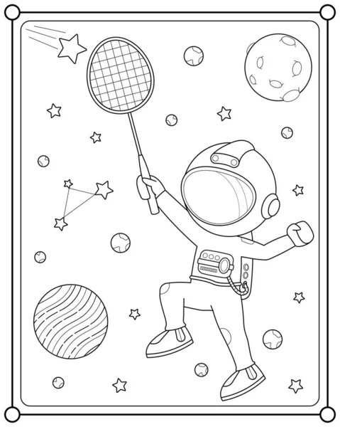 Cute Astronaut Playing Badminton Space Suitable Children Coloring Page Vector — Stock Vector