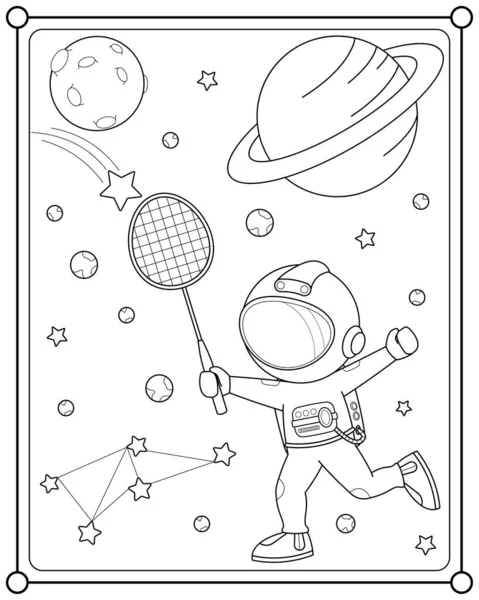 Astronauta Bonito Jogando Badminton Espaço Adequado Para Crianças Colorir Página — Vetor de Stock