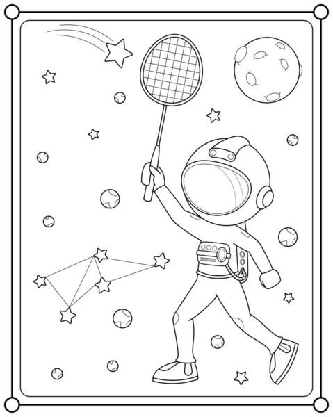 Cute Astronaut Playing Badminton Space Suitable Children Coloring Page Vector — Stock Vector