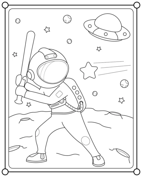 Симпатичный Астронавт Играет Мяч Бейсбольной Битой Пространстве Подходящем Детской Раскраски — стоковый вектор