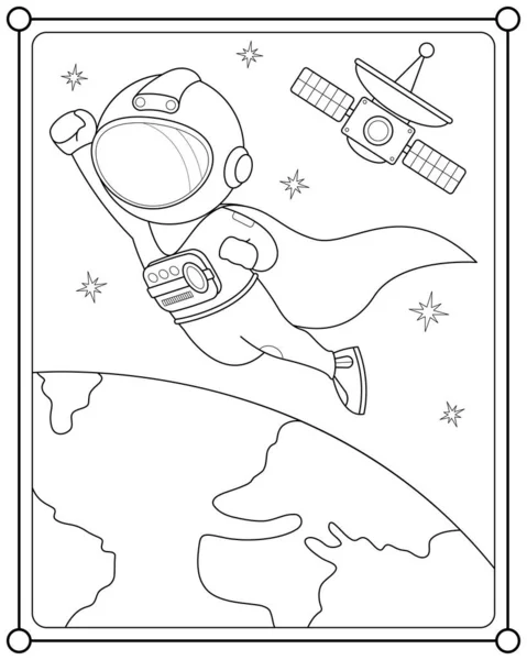 Astronaut Superhero Flying Space Suitable Children Coloring Page Vector Illustration — Stock Vector