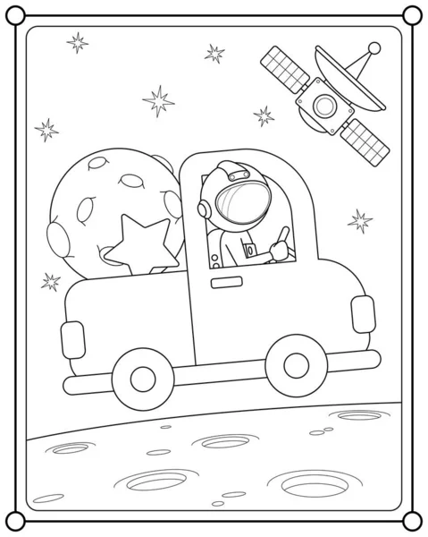 아이들의 페이지 일러스트에 공간에서 자동차를 운전하는 우주비행사 — 스톡 벡터