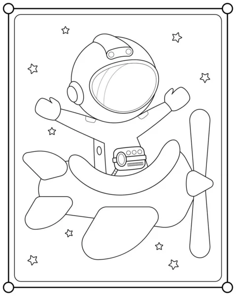 Cute Astronaut Riding Plane Space Suitable Children Coloring Page Vector — Stock Vector