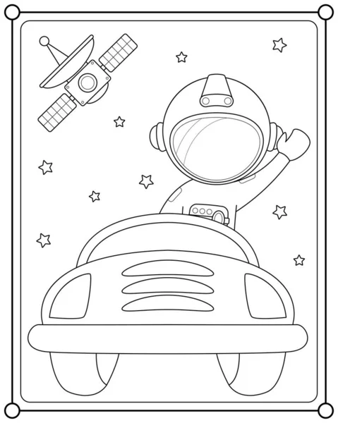 Астронавт Рулем Автомобиля Пространстве Подходящем Детской Раскраски Страницы Векторной Иллюстрации — стоковый вектор