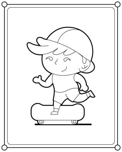 Cute Boy Skateboarding Suitable Children Coloring Page Vector Illustration — 스톡 벡터