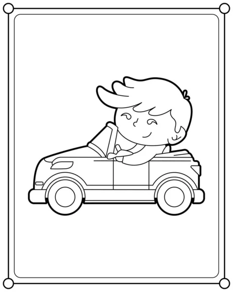 Cute Boy Driving Car Suitable Children Coloring Page Vector Illustration — ストックベクタ