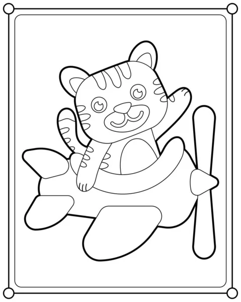 可爱的猫在飞机上飞行 适用于儿童的着色页矢量插图 — 图库矢量图片