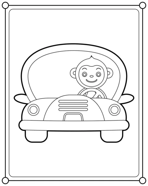 Cute Monkey Driving Car Suitable Children Coloring Page Vector Illustration — ストックベクタ