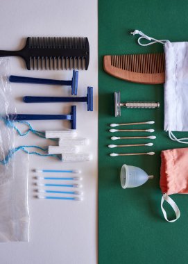 Plastik ve çevre dostu hijyen ürünlerinden oluşan bir karşılaştırma dairesi. 