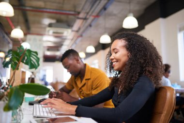 Yaratıcı bir ofiste masasında çok ırklı bir kadın oturuyor.