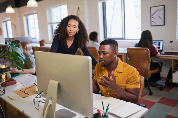 An office scene with two colleagues in discussion while looking at a screen — Fotografia de Stock