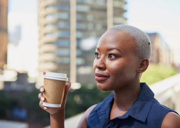 A young Black businesswoman enjoys her coffee break outside on office balcony — Φωτογραφία Αρχείου