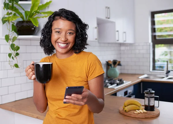Young Multi Ethnic Woman Smiles Camera Eating Breakfast Kitchen High — Foto de Stock