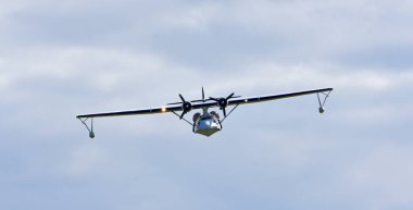 ICKwell, BEDFORDSHIRE, İngiltere - Eylül 06, 2020: Vintage PBY-5A Catalina Miss Pick (G-PBYA) Uçuş Gemisi.