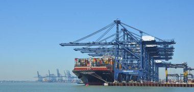 FELIXSTOWE, SUFFOLK, İngiltere - 25 Haziran 2020: Konteynır gemisi MSC Venedik - Felixstowe Limanı 'na boşaltma
