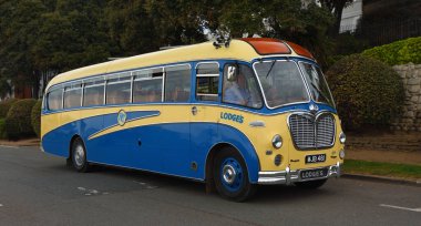 FELIXSTOWE, SUFFOLK, ENGLAND - MAY 01' 2022: Vintage  Blue and Cream Duple Vega Coach parked on road.