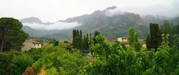Widok Soller Mallorca Niską Chmurą Przed Górami Tramuntana — Zdjęcie stockowe