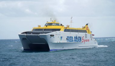 PLAYA BLANCA, LANZAROTE, SPAIN - MARCH 28, 2022:  Fred Olsen Canary Island Ferry Sails Between Playa Blanca Lanzarote and Corralejo Fuerteventura.