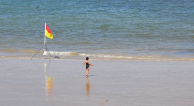 Beach with Swimming area with lifeguard beach Flag and swimmer approaching water.