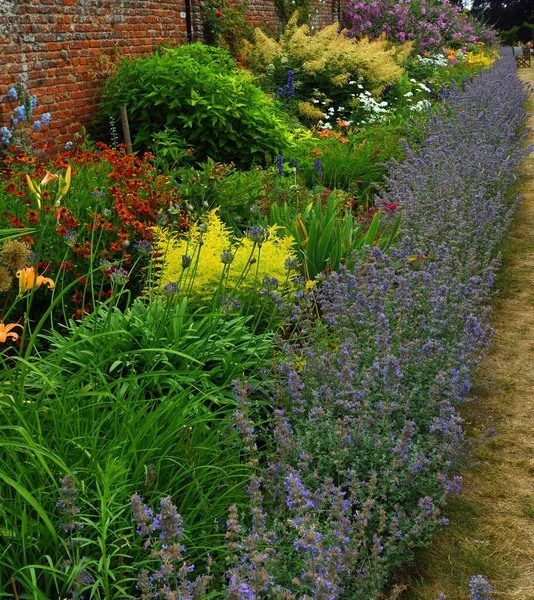 Colourful Flower Bed Old Red Brick Wall — Foto de Stock