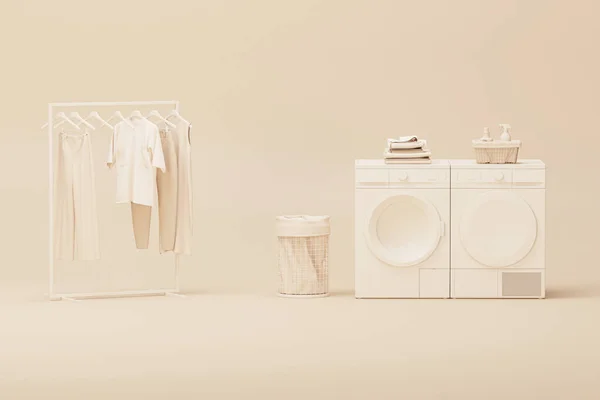 Çamaşır makinesi ve elbise askıda, depo rafında tek renkli krem arka planda. Minimalist çamaşır odası ekipmanı konsepti. Sosyal medya afişleri, stüdyolar, sunumlar için 3D modaName