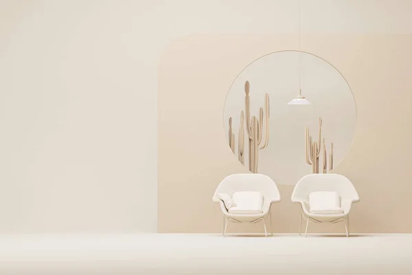 Creative interior design in white and beige studio with cactus and armchair. Light background with copy space. 3D rendering for web page, presentation or picture frame backgrounds.