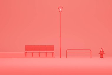 Park bankı, yangın musluğu ve tek renkli kırmızı sokak lambası. Yaratıcı kompozisyon. Kopyalama alanı olan ışık arkaplanı. Web sayfası, sunum, stüdyo için 3B hazırlama.