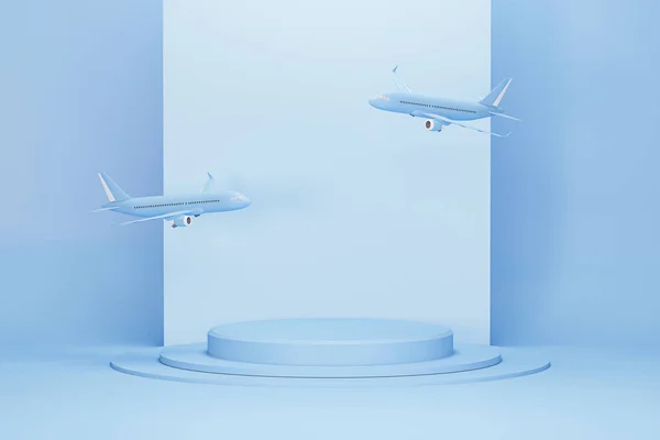 带领奖台的浅蓝色平面 飞机起飞和粘贴背景 最小的概念 航空公司的概念旅游飞机乘客 喷气式商业飞机 3D渲染 — 图库照片