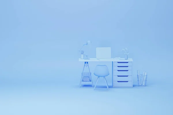 Pastel blue monochrome minimal office table desk. Minimal idea concept for study desk and workspace, art work. Mockup template, 3d rendering