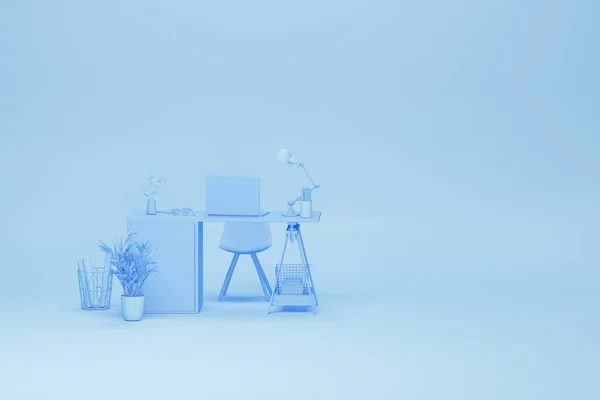 浅蓝色单色最小的写字台 最小的概念学习台和工作空间 艺术作品 模型模板 3D渲染 — 图库照片