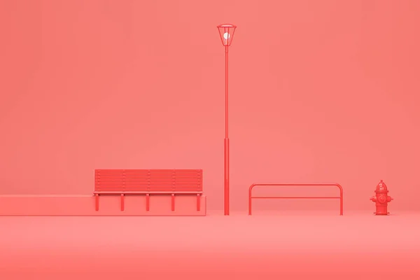 Park bankı, yangın musluğu ve tek renkli kırmızı sokak lambası. Yaratıcı kompozisyon. Kopyalama alanı olan ışık arkaplanı. Web sayfası, sunum, stüdyo için 3B hazırlama.