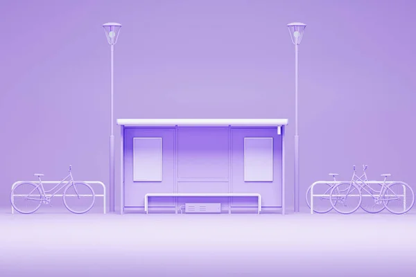 Stadtbushaltestelle Und Fahrrad Straßenlaterne Auf Pastellviolettem Hintergrund Kreative Komposition Heller — Stockfoto