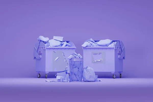 蓝色和紫色背景的不同类型的垃圾 回收的概念 垃圾箱 地球保护 废物管理概念 3D渲染 — 图库照片