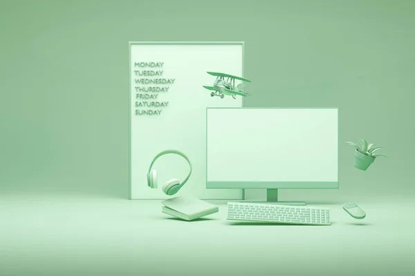 笔记本电脑屏幕与时钟 玩具飞机和芦荟壶漂浮在空气中 学习理念 网络教育 绿色背景工作 3D渲染 — 图库照片